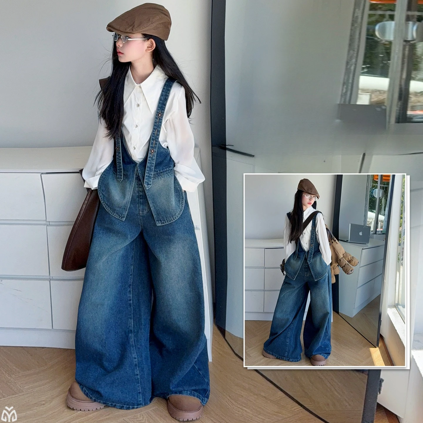 

French design teen girl denim overalls pants white shirt junior kid Strappy jumpsuit child wide-leg jeans fashion child trousers