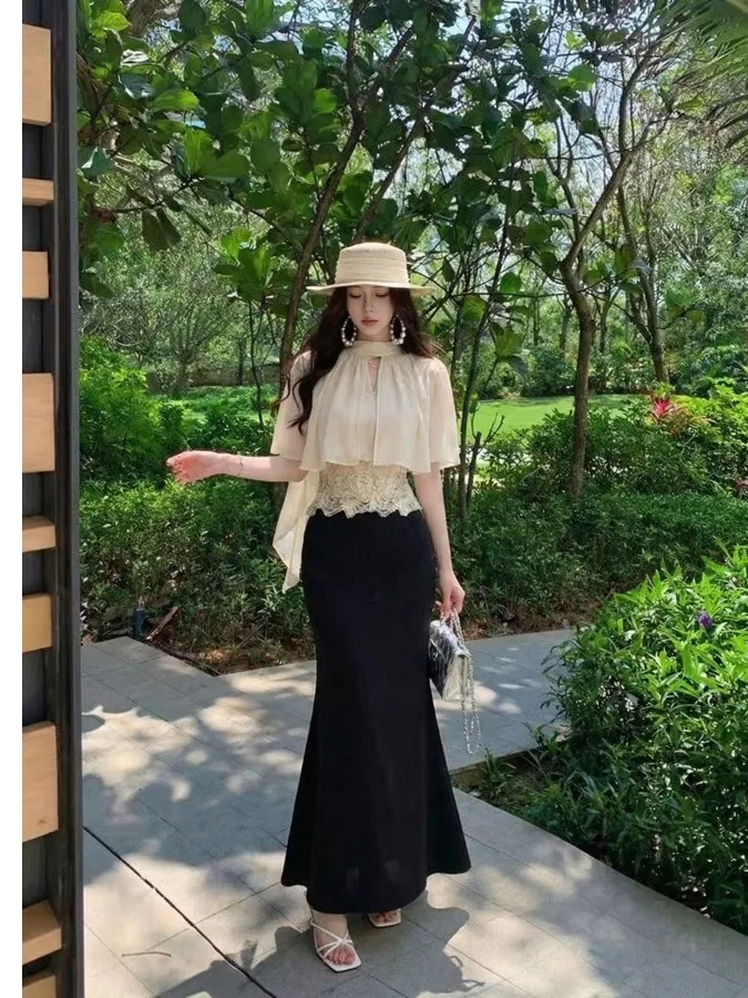 

Slimming High Waist Lace Insertion Sexy Summer Chiffon Top And Skirt Set Women's Fashion Half Body Skirt Short Sleeve Zipper