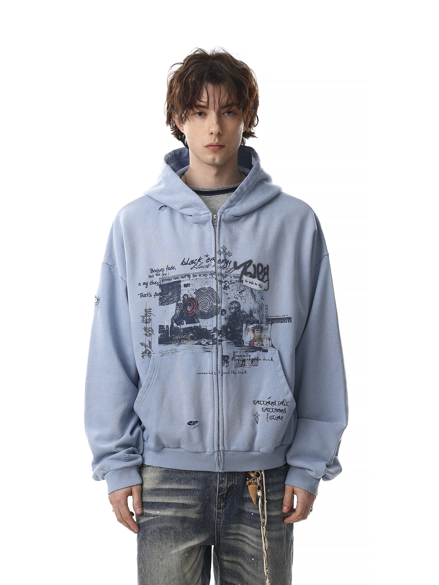 MRNEARLY American Street Style Hoodie Men Loose Creative Funny Print Zipper Open Cardigan Jacket Retro Wash Long Sleeve Sweat...