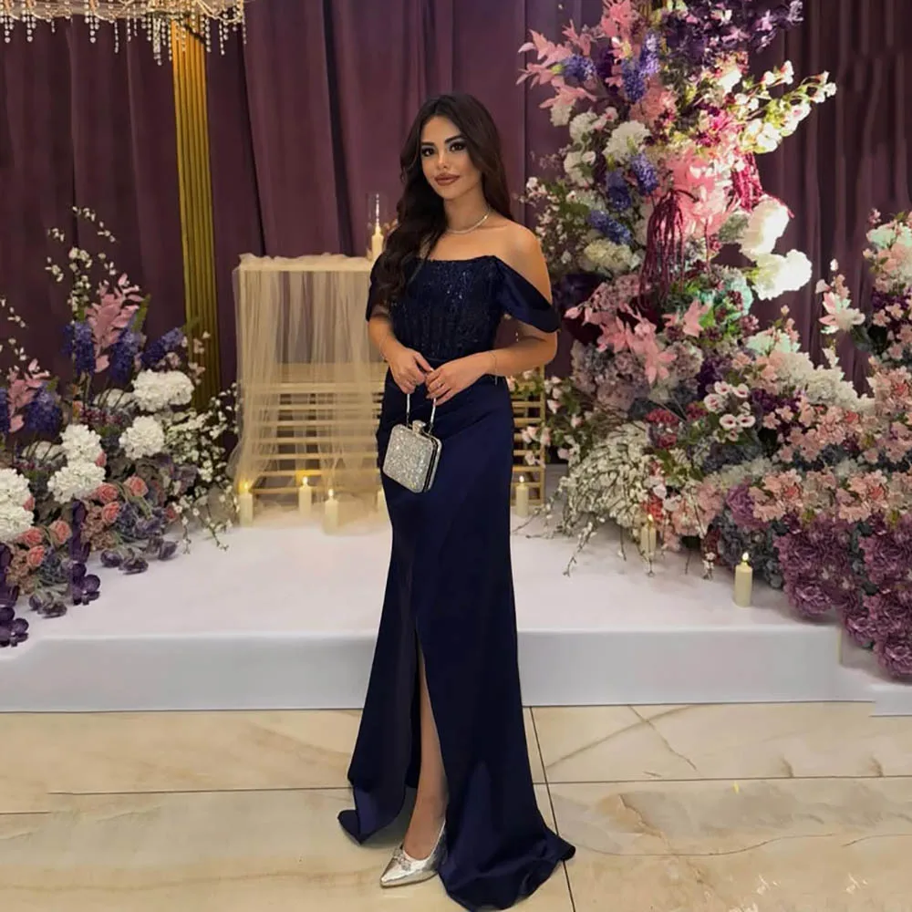 

Msikoods Navy Blue Evening Dress Off Shoulder Sequin Satin Prom Dress High Slit Formal Dress Elegant Party Gown Customized