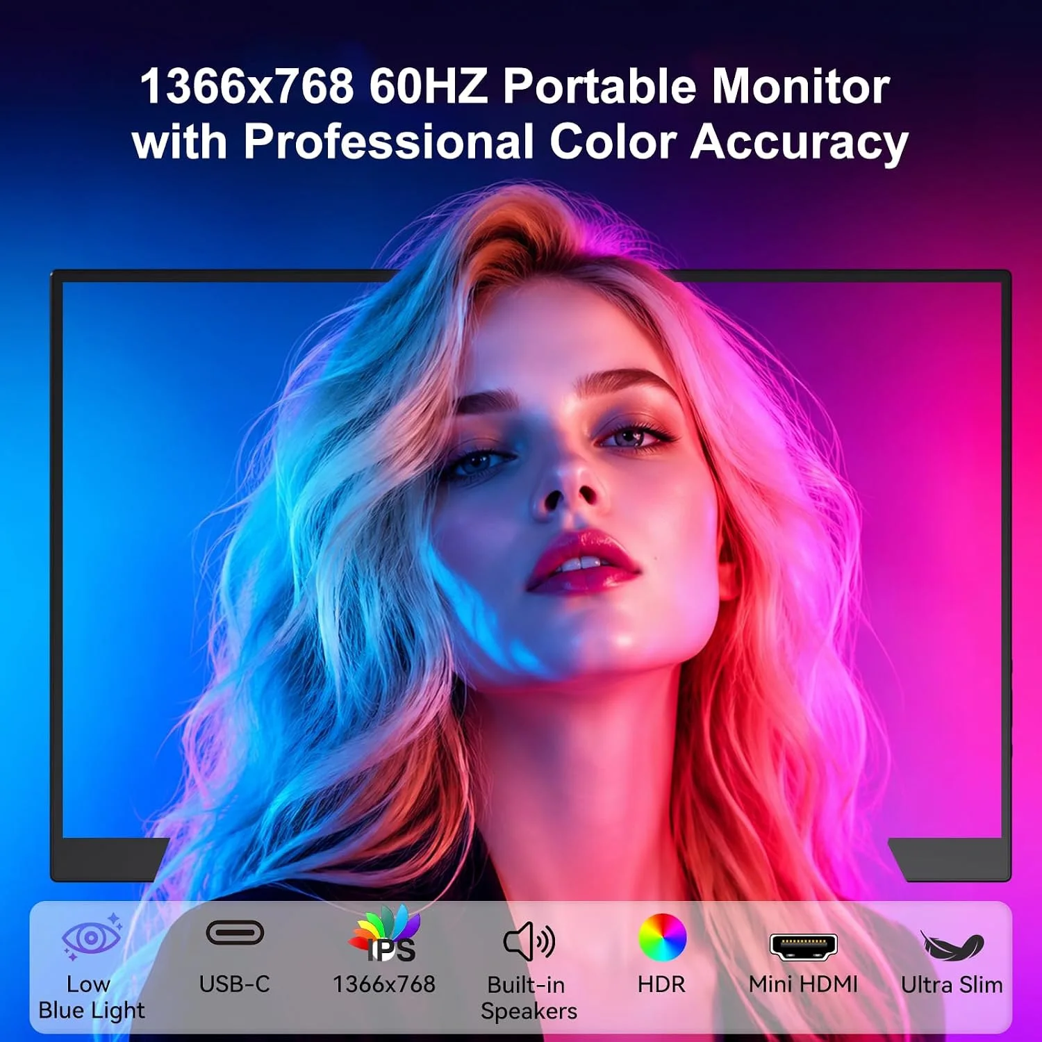 13.3 Inch Portable Monitor 1366×768 HD IPS 72%sRGB Portable Display with Built-in Stand for Laptop PC Phone Switch PS4/5 XBox PS