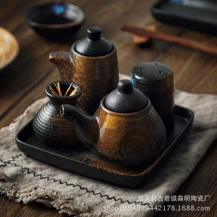 Japanese and Korean Seasoning Bottle Set Japanese Cuisine Soy Sauce Bottle Pepper Jar Ceramic Seasoning Bottle Jar Retro