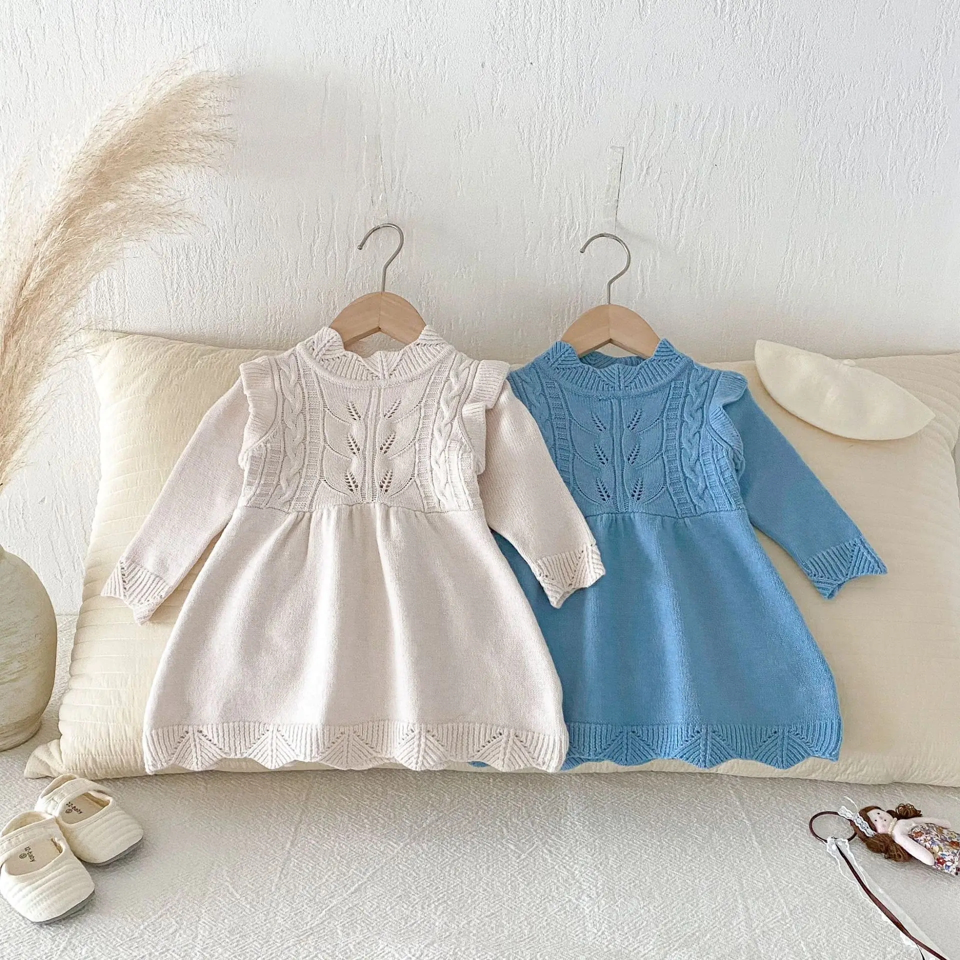 Toddler Girl 0-3Y Baby Girl Clothes Cotton Knit Dress Ruffle Trim Cable Knit Pattern Soft Breathable High Neck Princess Outfit