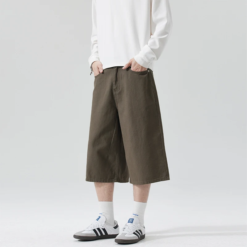 

2026 Pure Cotton American Retro Loose Denim Shorts Summer Loose Straight Versatile Casual Three-quarter Pants Black White Brown