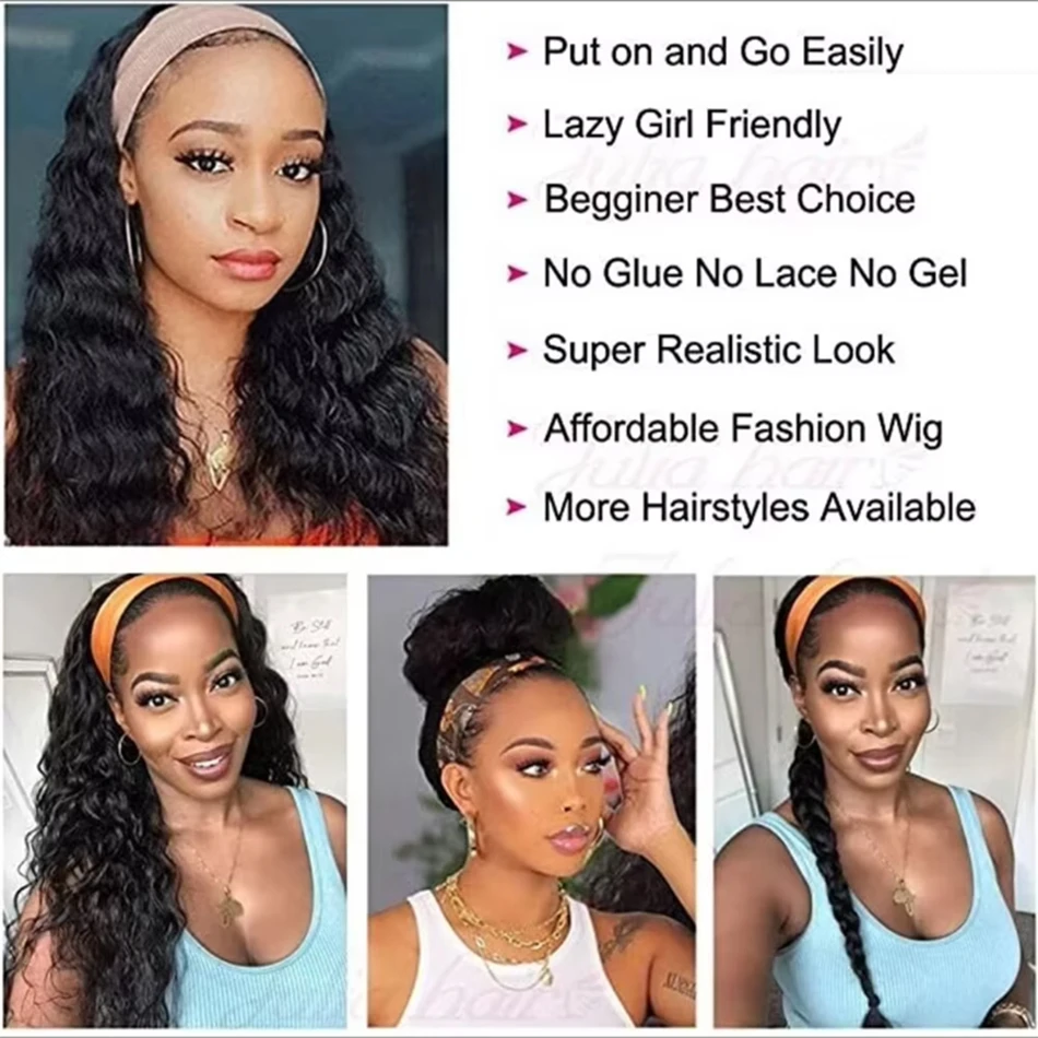 Water Wave Headband Wigs Remy Human Hair Wig Ready To Wear Glueless Brazilian Kinky Curly Headband Human Hair Wig for Women 180%