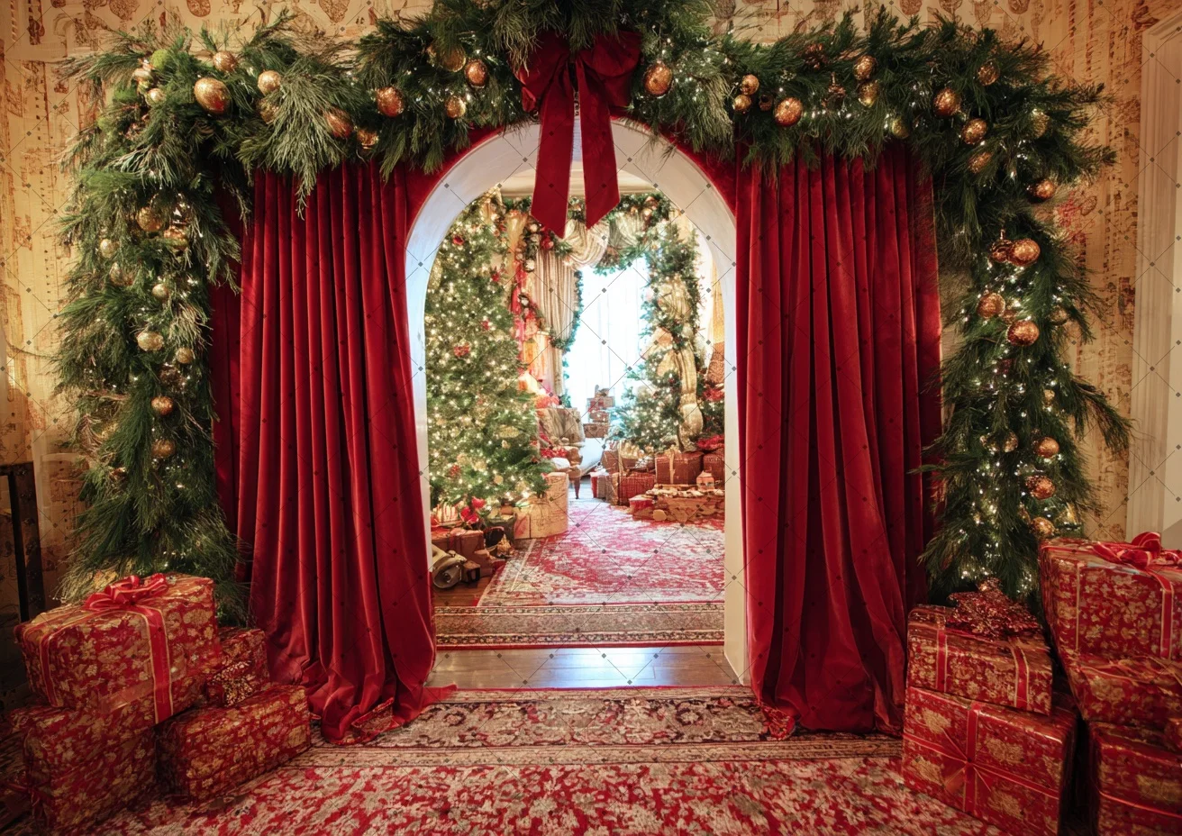 Vintage Red Drape Arch Christmas Photo Backdrop Pine Greenery Gift Boxes Indoor Xmas Family Portrait Holiday Shooting Background