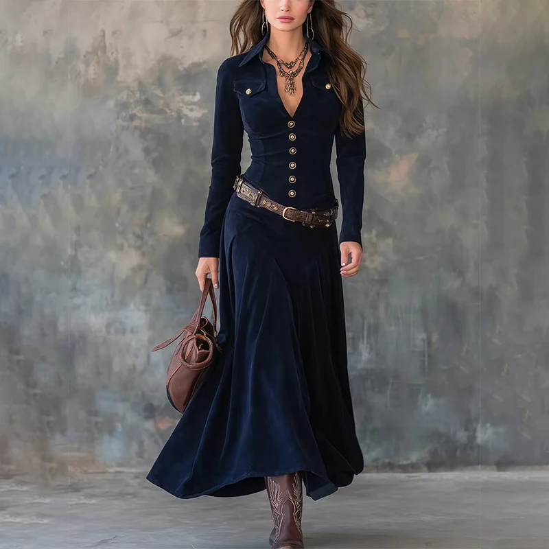 

European American Suede Long Dress for Women Solid Lapel Collar Single Brerasted Long Sleeves Maxi Dress Elegant Street Dresses
