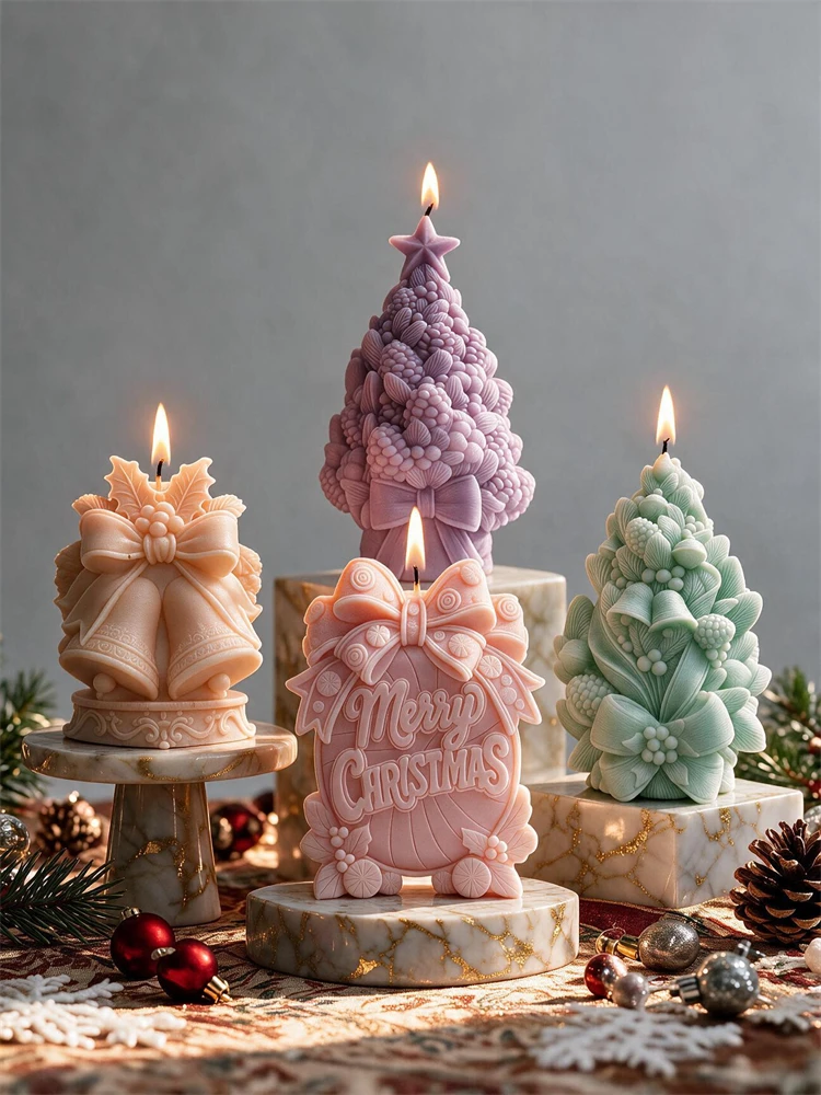 Christmas Bells With Ribbon Candle Mold Merry Christmas Soy Wax Silicone Mold Christmas Pinecone Soap Resin Plaster Gypsum Concr