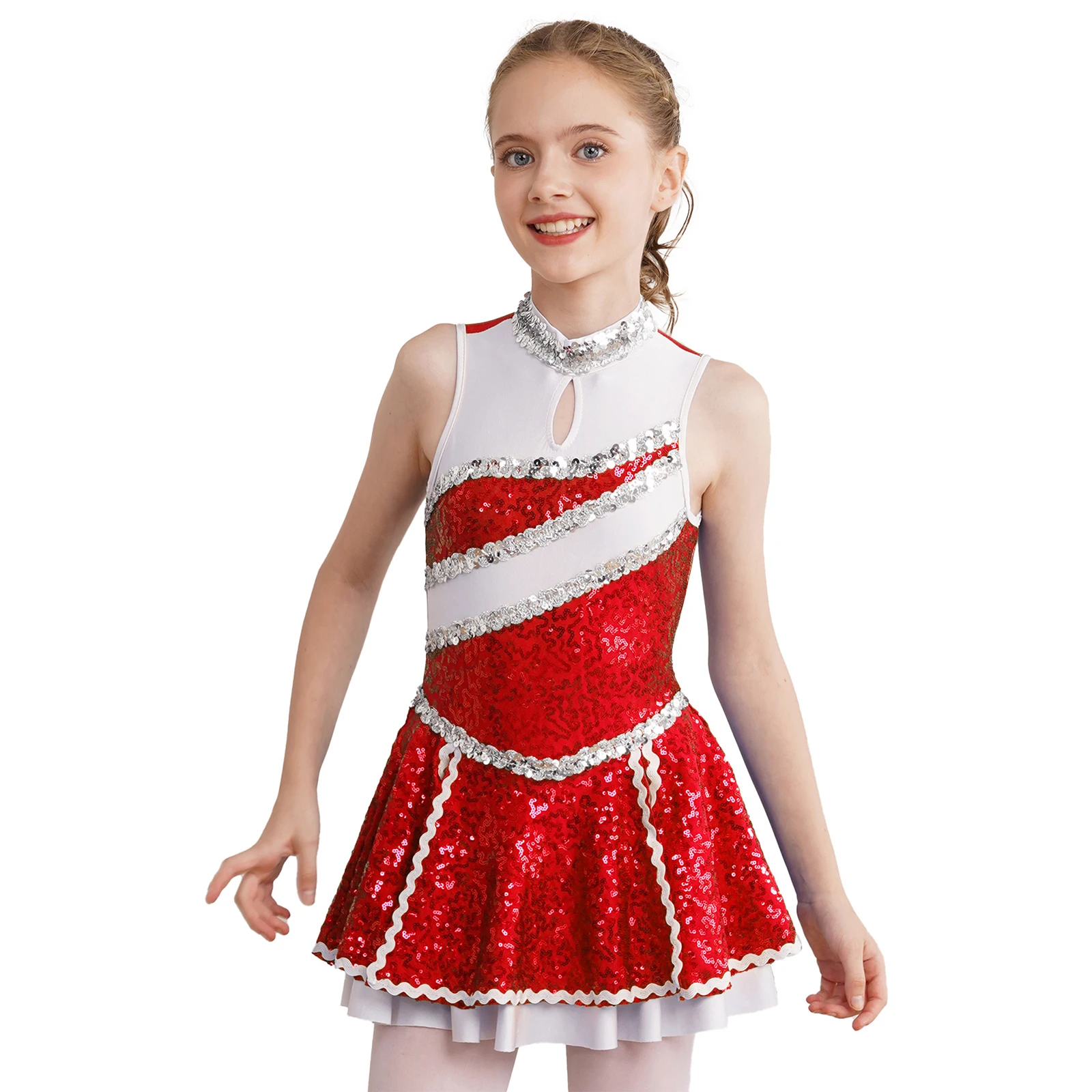 Vestido de baile de uniforme de porristas para niñas, vestido de baile sin mangas, lentejuelas brillantes decoradas, estilo Patchwork, cremallera