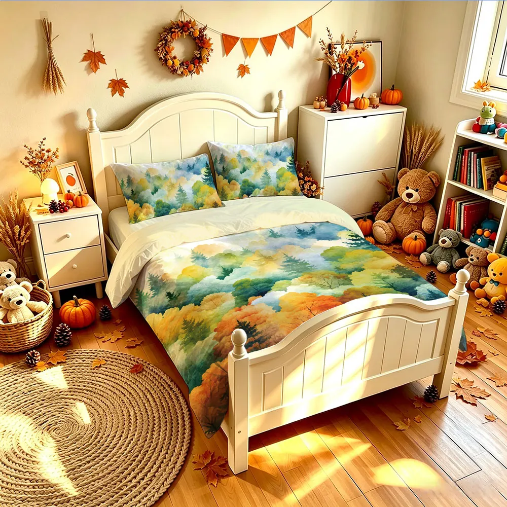 3PCS Watercolor Autumn Forest Duvet Cover Set Soft Comfortable No Filling 1 Duvet Cover 2 Pillowcases Bedroom Festival Decor