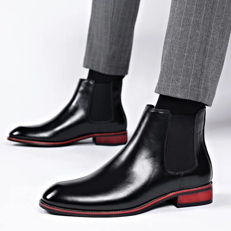 Men\'s Pointed Casual Short Boots High Top Leather Shoes Chelsea Boots