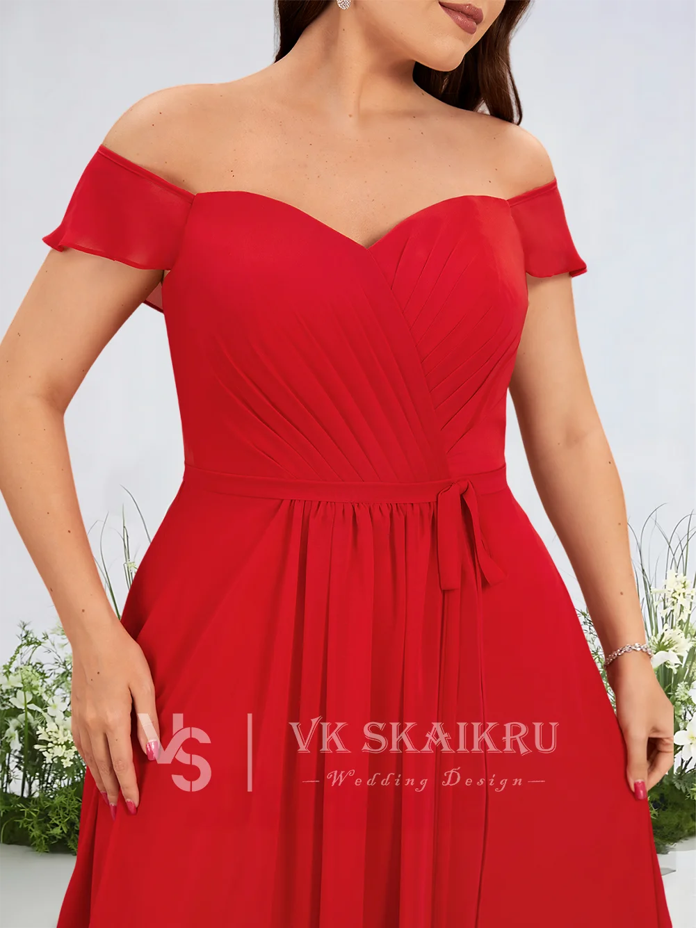 Um etéreo fora do ombro vestidos de dama de honra fosco lilás a linha até o chão chiffon jardim gala festa de casamento babados em cascata