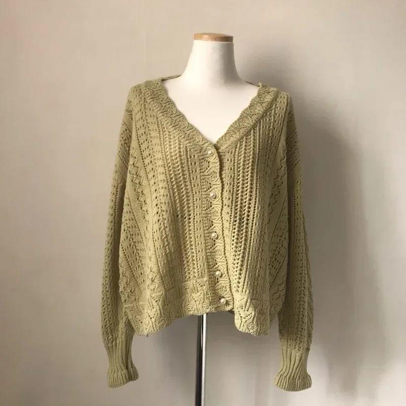 Sexy Knit Tops Women Low V-Neck Long Sleeve Spring Summer Sweater and Cardigans Loose White Hollow Out Cardigan Tops 2021 New