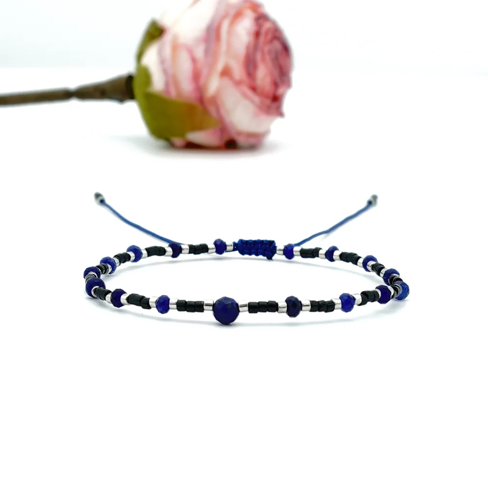 New Japanese and Korean Style Lapis Lazuli Silver and Black Women's Bracelet, Couple's Bracelet, Imported Miyuki Db Antique Beads, Simple Ultra-Fine Small Bracelet Jewelry