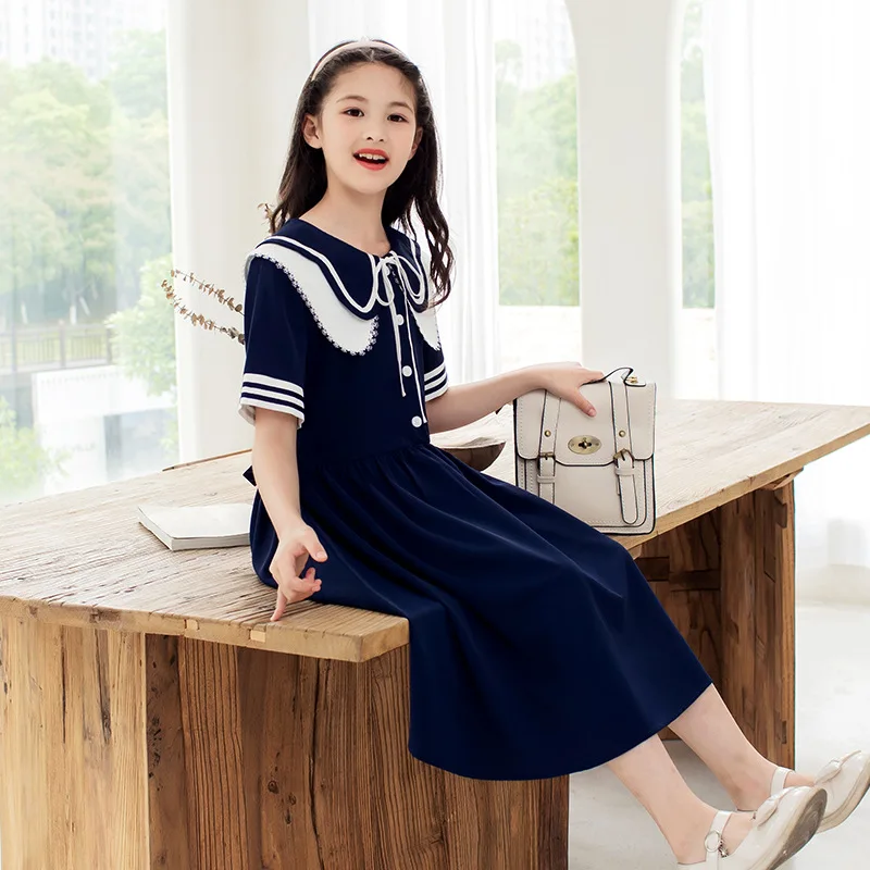 Summer Junior Girl Elegant Dress Children Girl Lace Peter Pan Collar Breathable Pastoral Style Dress School Girl One-piece Dress