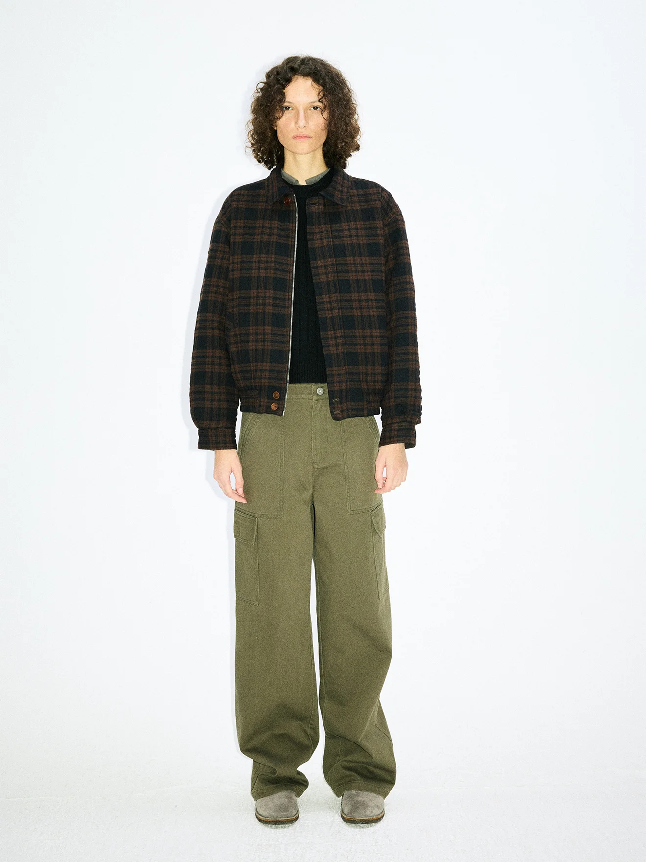 

Весенняя куртка из хлопка с воротником на молнии, с внутренним цветным узором в клетку, прямого кроя, для повседневной носки, с длинными рукавами