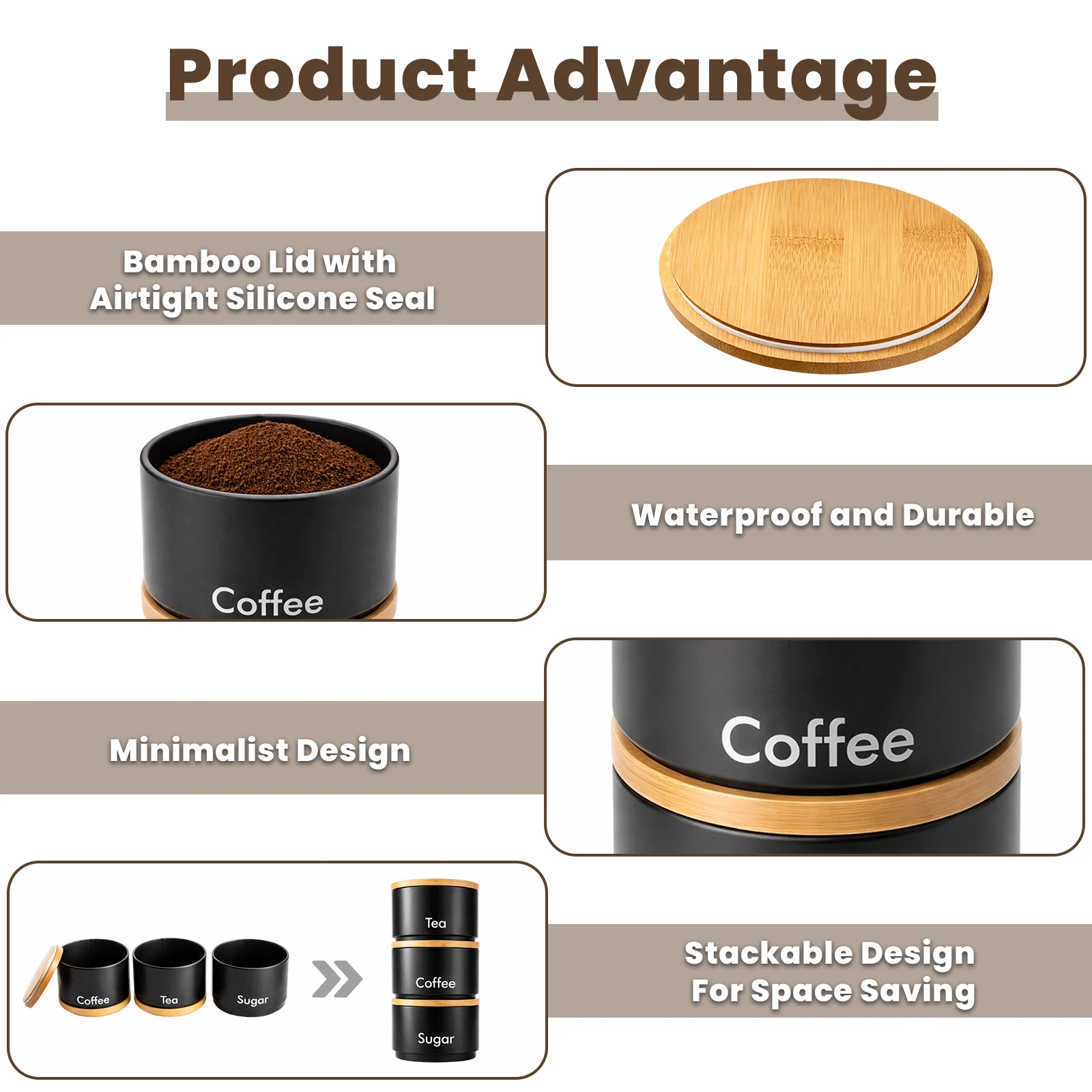 Product Advantage - Bamboo Lid with Seal. Waterproof and Durable, Minimalist Design, Stackable Design