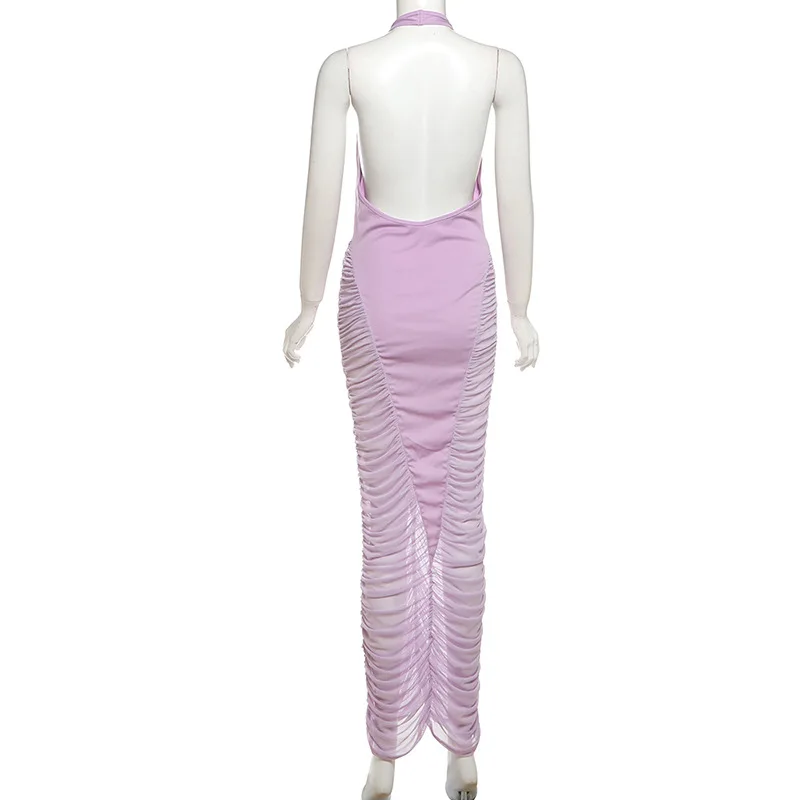 Geraffte Sheer Mesh Patchwork Bodycon Maxi Party Kleid Frauen Elegante Sexy Tiefem V-ausschnitt Ärmellose Halter-Backless Dünne Lange Robe