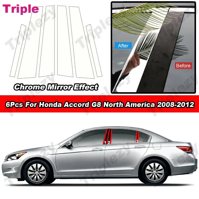 

6Pcs Glossy Chrome PC Material Car Window Door B C Pillar Post Cover Trim Decoration For Honda Accord Sedan G8 USA 2008-2012
