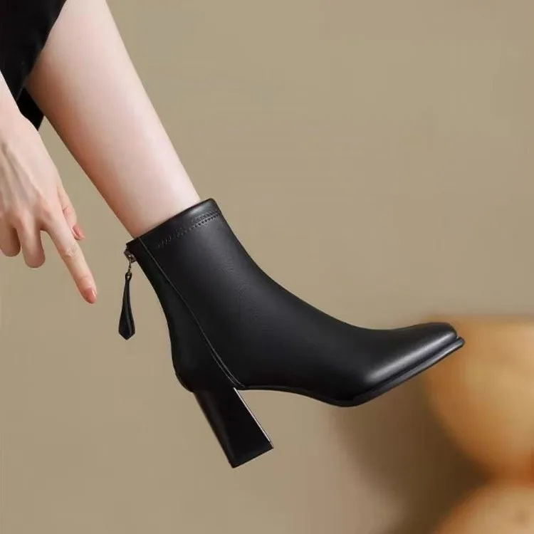 Short Ankle Boots 2026 Fall Winter New Black High Heel Chunky Heel Square Toe Elastic Slim Fit Boots Women