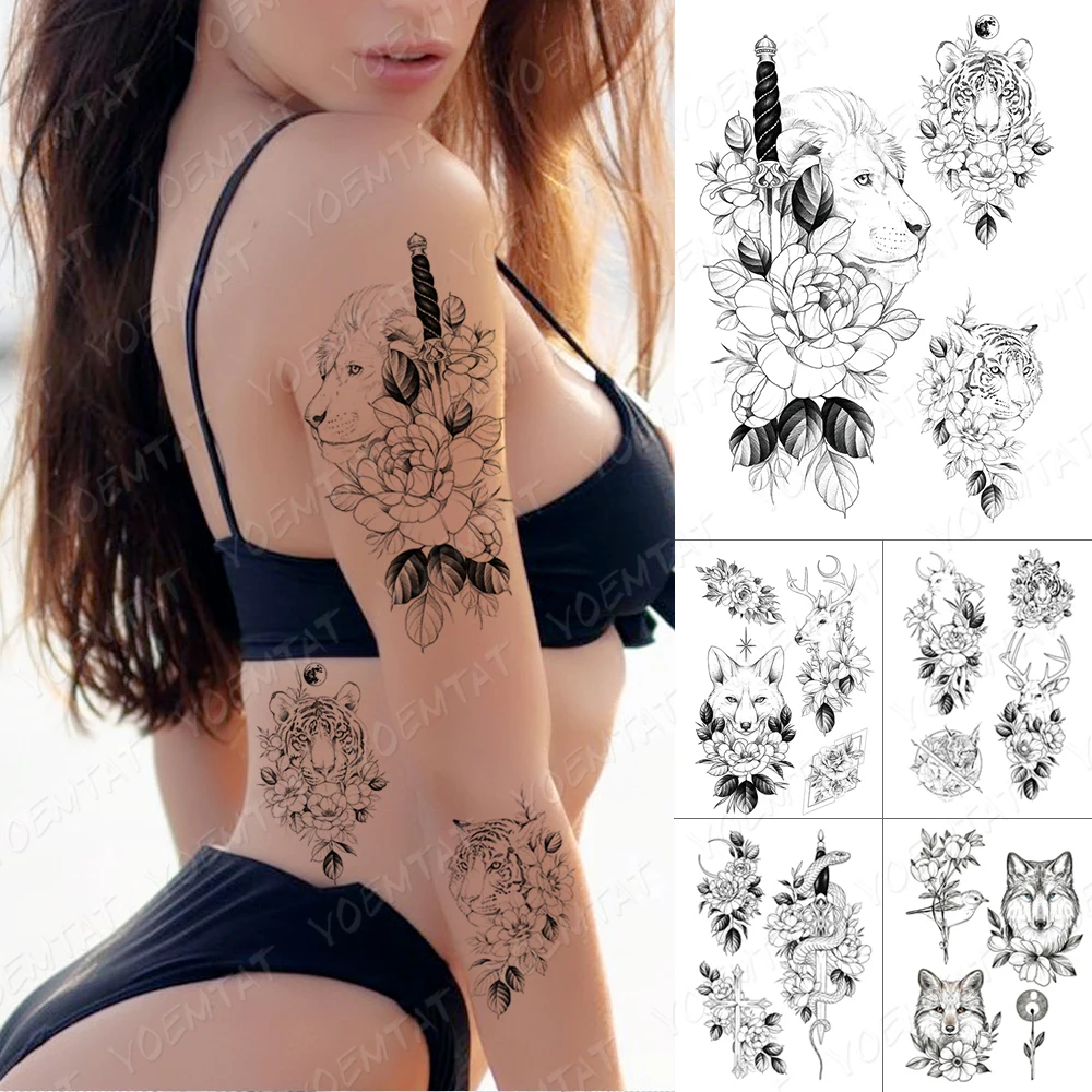 

Waterproof Temporary Tattoo Stickers Lion Tiger Wolf Fox Reindeer Rose Lily Body Art Fake Tatoo Men Women Shoulder Neck Tattoos