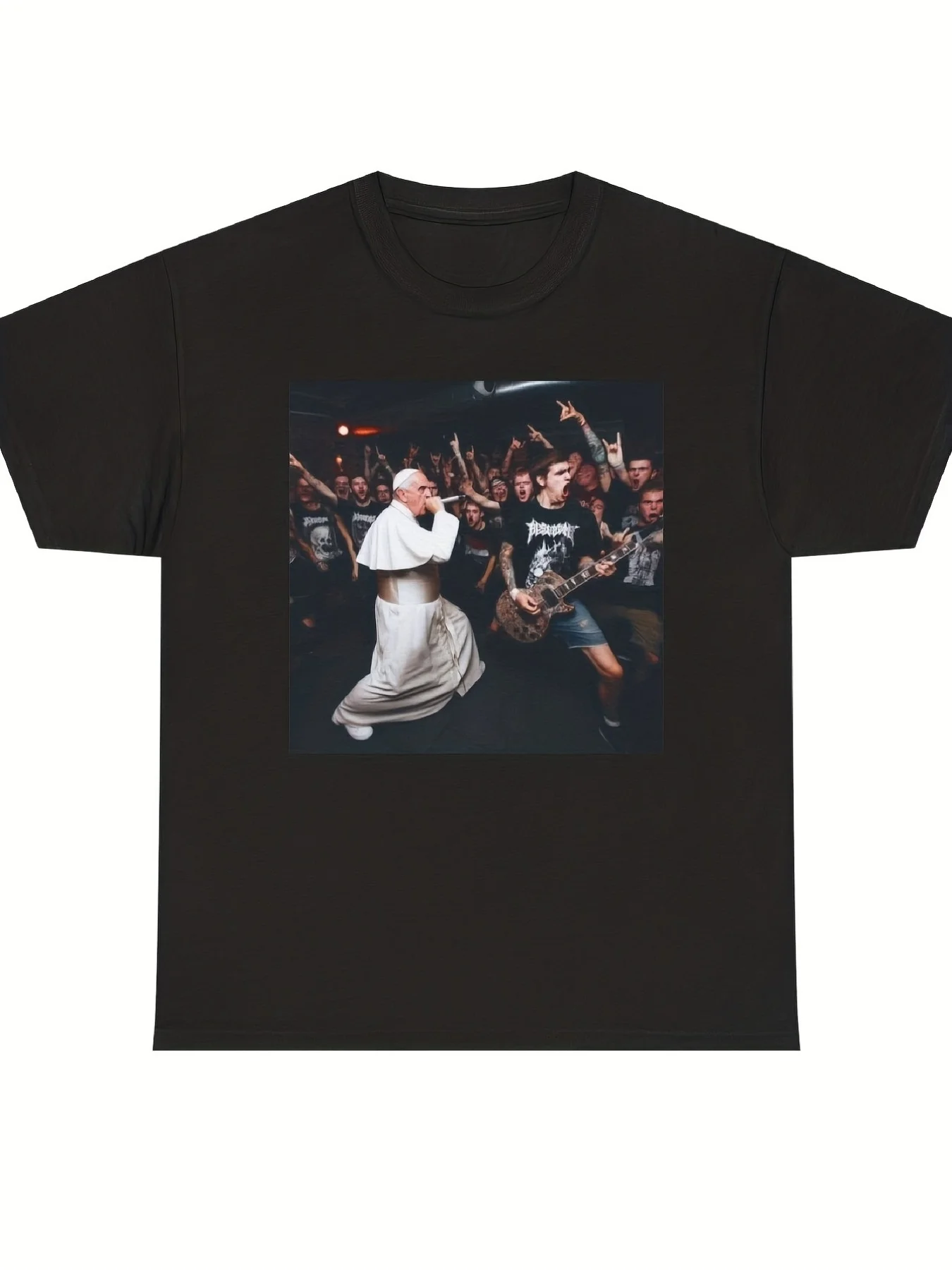 Funny Pope As Rock Star T-Shirt Unisex Tee with Iconic Pope Benedict XVI Music Performance Print Casual Church Concert Gift