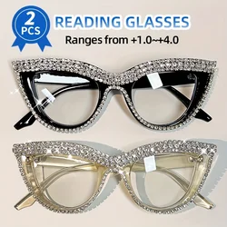 2pcs Elegant Cat Eye Reading Glasses Women, Blue Light Blocking with Rhinestone Accents, Fashionable Full Frame 1.0 to 4.0