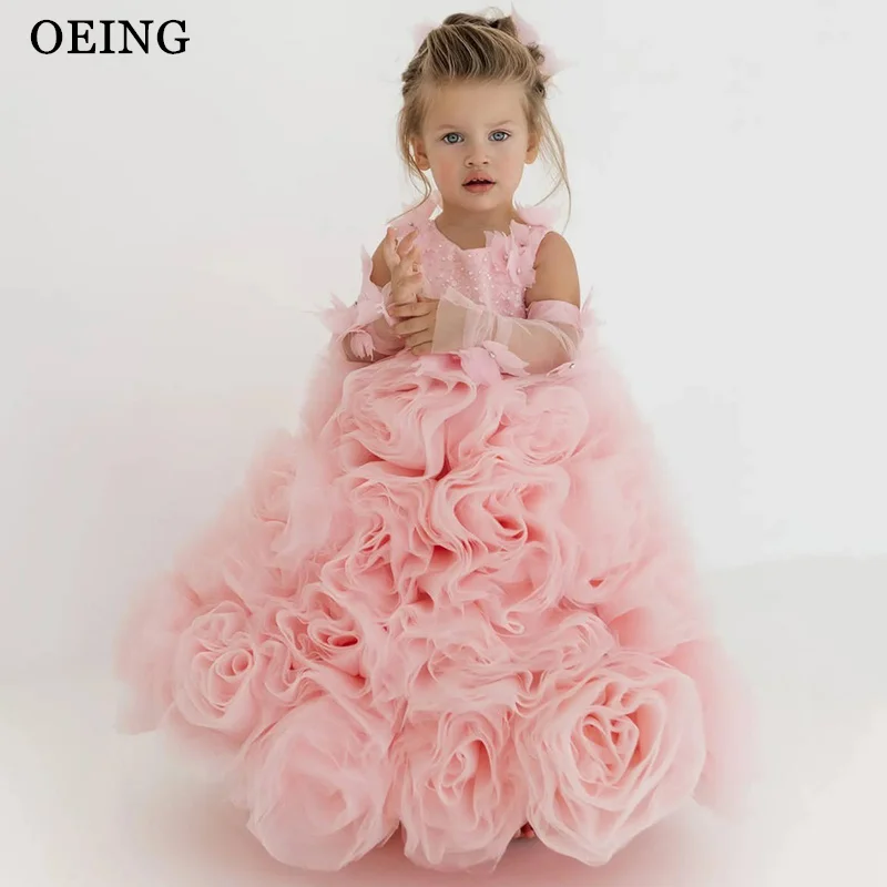 

OEING Luxury Ball Princess Dress 3D Flowers Cherry Pink Beading Appliques Flower Girl Dress Maxi Birthday Party Dress Customized