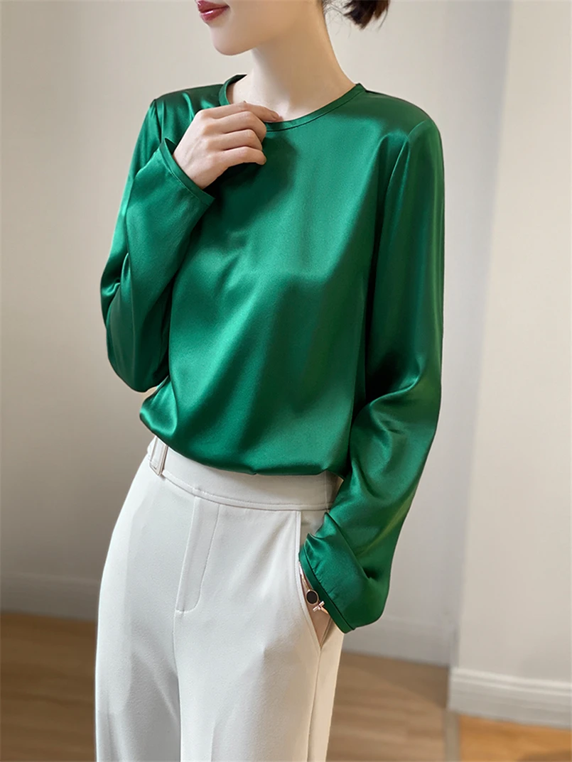 Long Sleeve O-Neck Leisure Shirt Tops Women\'s Solid Satin Elegant Temperament Blouses Spring Autumn Vintage Simple Tops Camisas