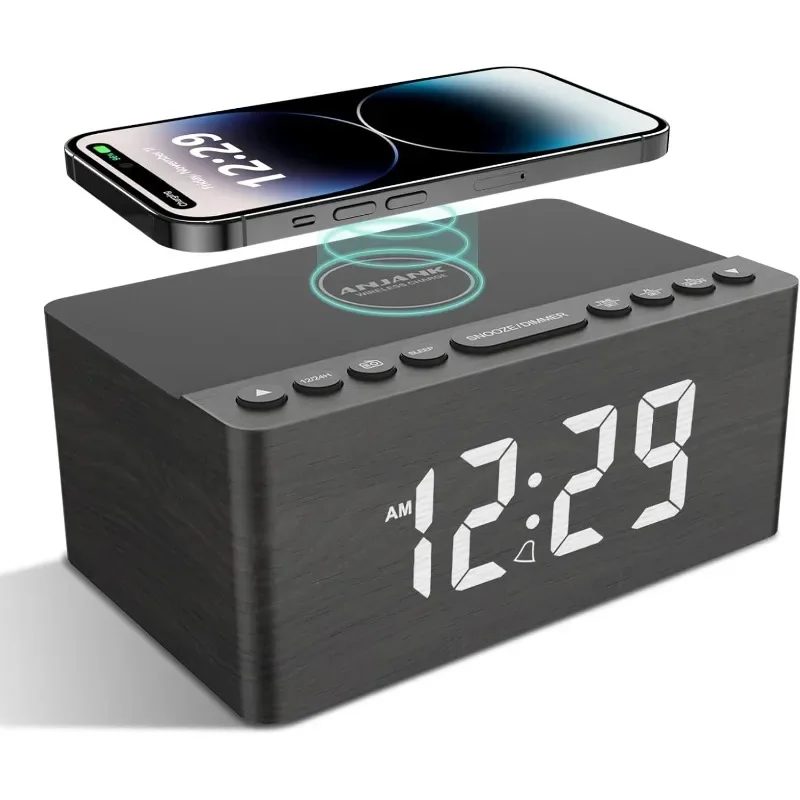 ANJANK Wooden Digital Alarm Clock FM Radio,10W Fast Wireless Charger Station for iPhone/Samsung Galaxy