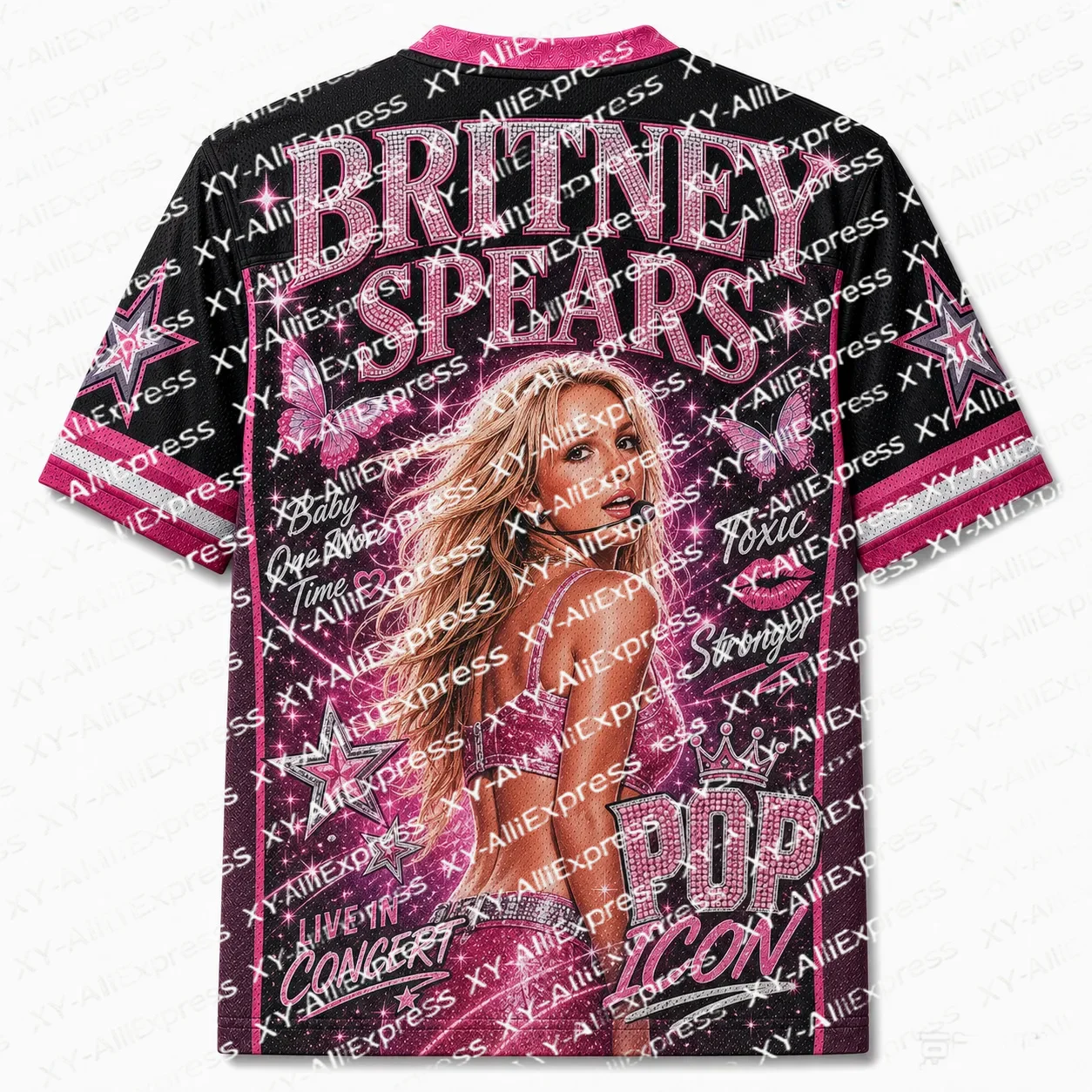 Retro Pop Star Mesh Ice Hockey Jersey V-Neck Short Sleeve Full Print Loose Street Concert Casual T-Shirt