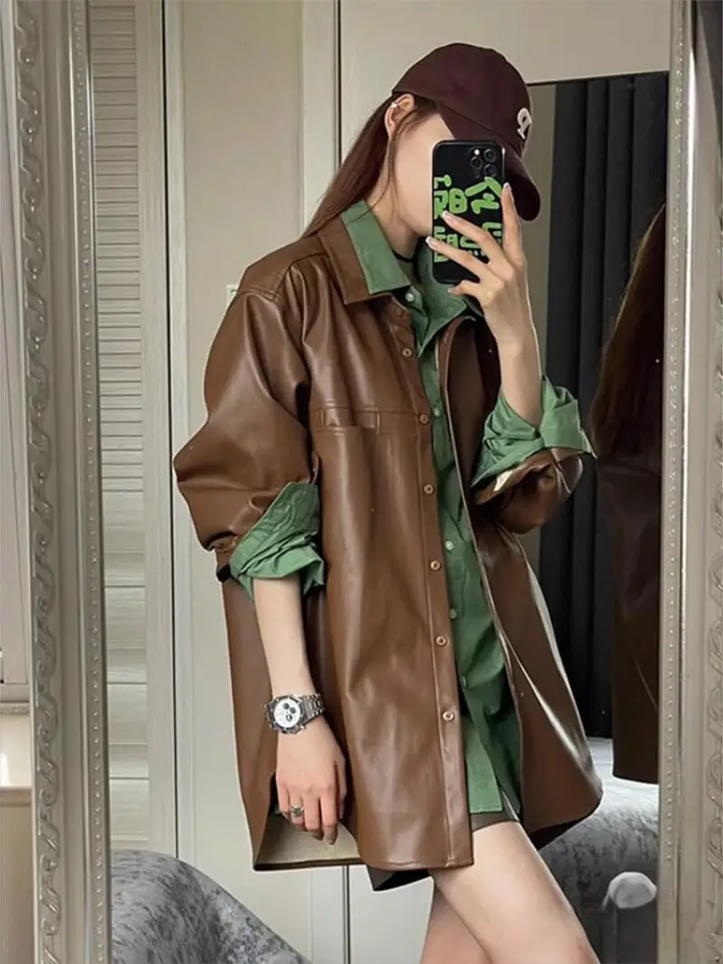 Outfit brauner Lederjackenmantel Damen Frühling Herbst neues Modell Lokomotivjacke im Hongkong-Stil Tops solide Top Eleganz