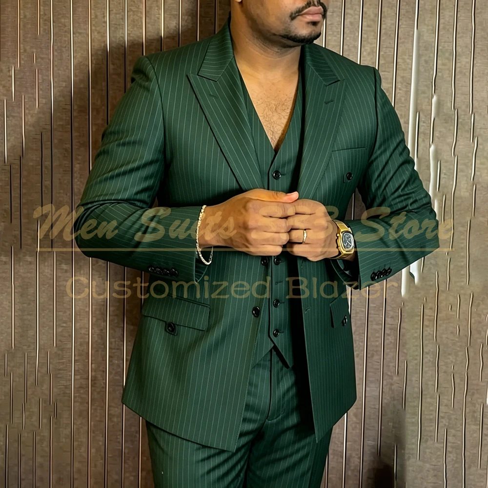 

Luxury 3 Piece Men's Suits Formal Green Stripe Single Breasted Casual Chic Jacket Pants Vest Formal Male Clothing Costume Homme