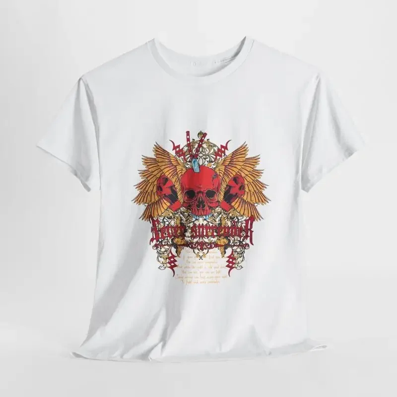 Vibrant Red Skull T Shirt with Baroque Wings 'Never Surrender' Design