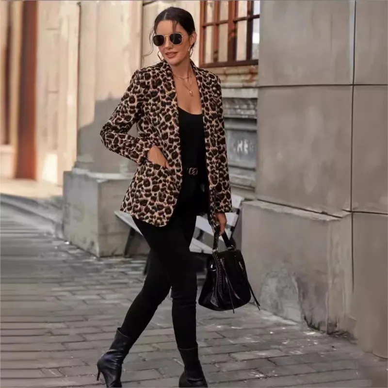 Women's sports jacket 2025 spring/summer fashion lady office sexy button top leopard print suit jacket women's lapel outerwear