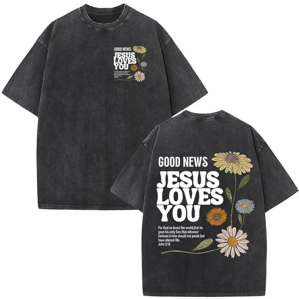 Good News Jesus Loves You Vintage Washed  T-shirt Christian Bible Verse Tshirt Men Women Fashion Oversized T Shirts Streetwear