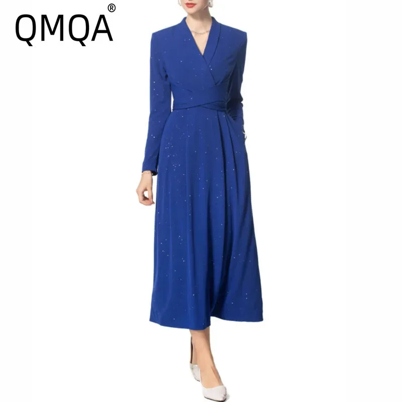 QMQA Mode elegante damesjurken V-hals lange mouwen diamanten zijzak blauw kanten taille jurk 2025, lente nieuw 1A880