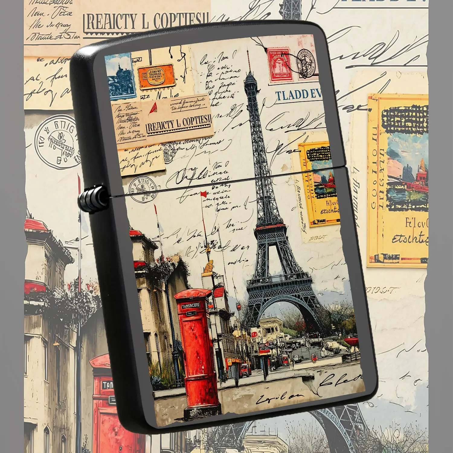 Vintage Paris Eiffel Tower Lighter, Retro French Old Letter Postmark Graffiti Style Portable Igniter, Aesthetic Versatile Daily Carry Item, Ideal For Travel Business Trip Home Use, Exquisite Practical Souvenir Gift For A Humorous And Intere