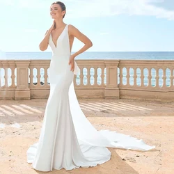 Modern V-Neck Mermaid Wedding Dress Elegant Sleeveless Backless Formal Bride Beach Seaside Floor Length Bow Sweep Train Gowns