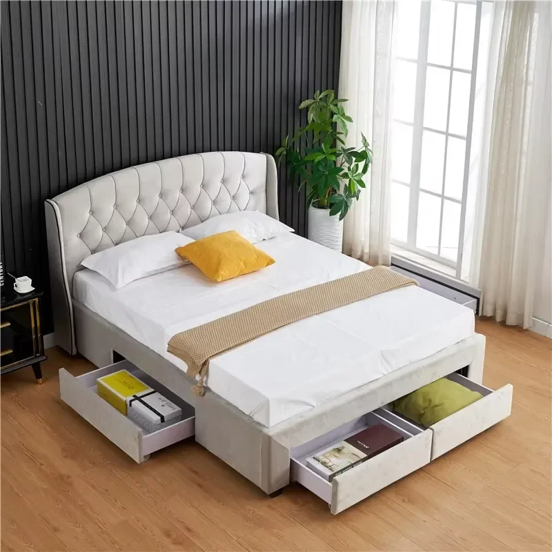 Modern Tufted Soft Button Upholstered Cheap Double Single Queen King Size Fabric Storage Bed Frame With Storage Drawers