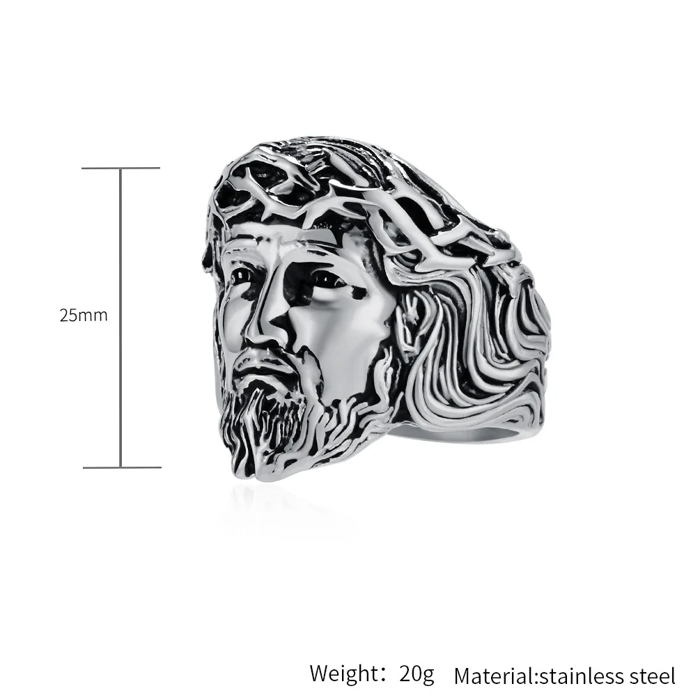 Gold Color Jesus Christ Face Ring Stainless Steel Christian Jewellery Crown of Thorns Jesus Head Faith Statement Ring for Men