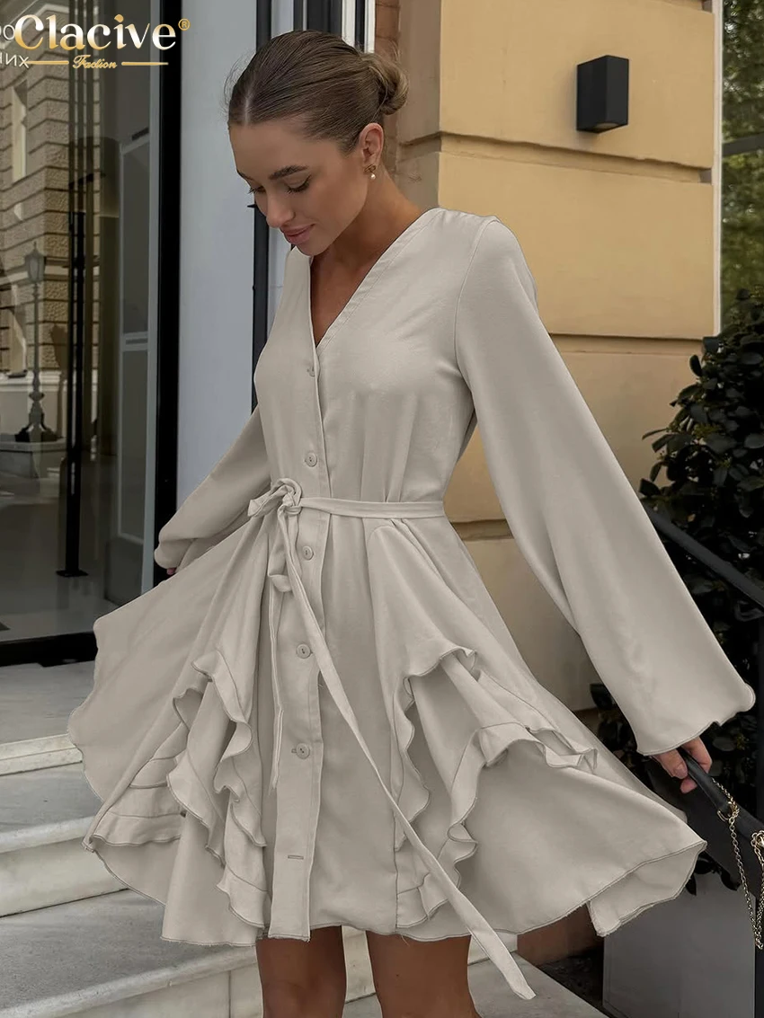 

Clacive Fashion Loose Khaki Women Dress 2025 Casual V-Neck Long Sleeve Mini Dresses Elegant Classic Lace-Up Ruffle Female Dress