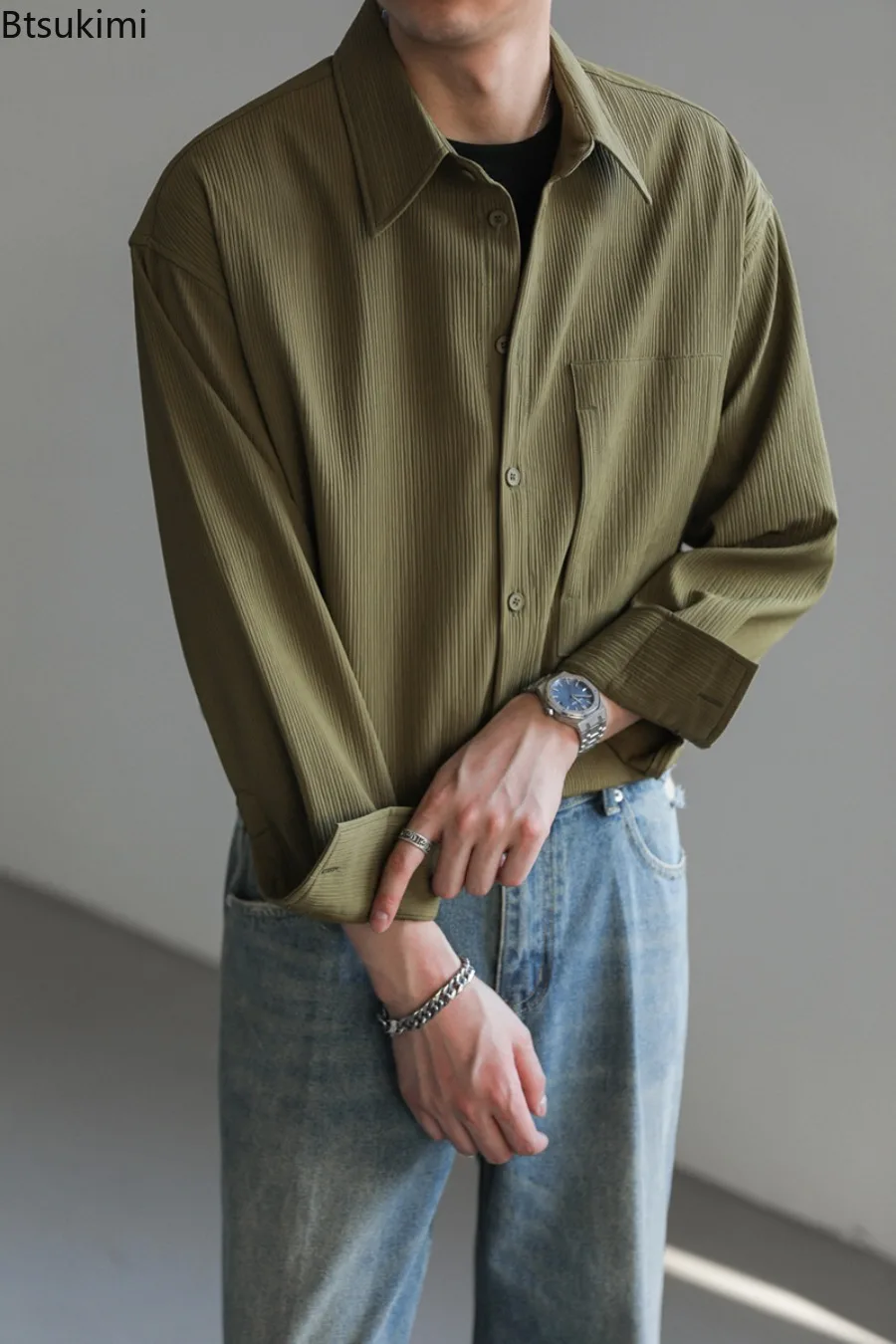 Men's Spring Autumn Fashion Long Sleeve Loose Shirt Single-breasted Shirts Male Solid Color Casual No Ironing Blouses for Men