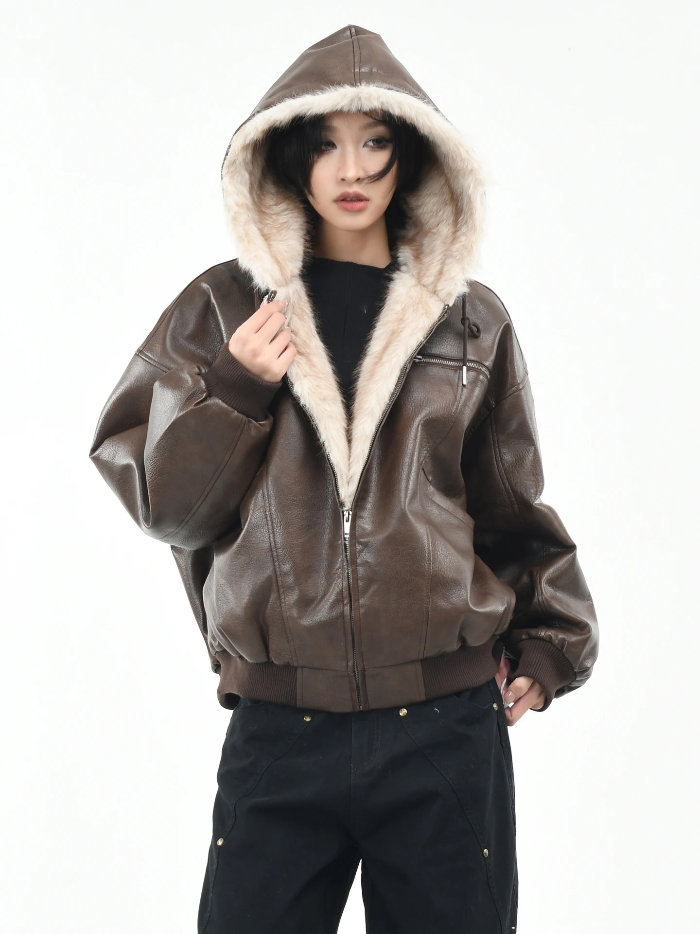 

OV Original American Wolf King Mountain Eagle PU Leather Cotton Jaet Women Winter Loose ort Warm Hooded Men Cotton C...