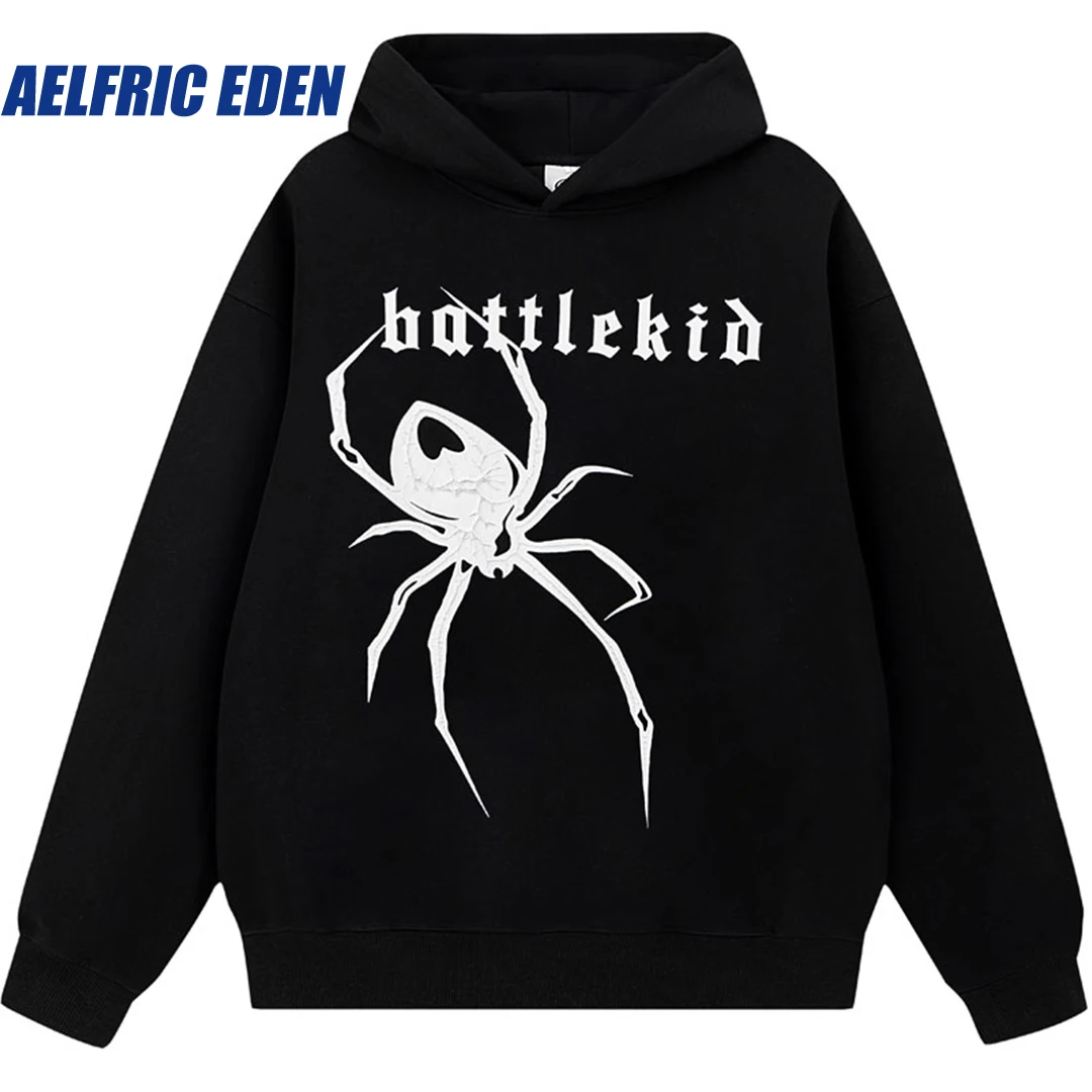 Aelfric Eden Animal Graphic Letter Print Punk Hoodie Streetwear Men Harajuku Hip Hop Spider Hooded Sweatshirt Y2K Loose Pullover