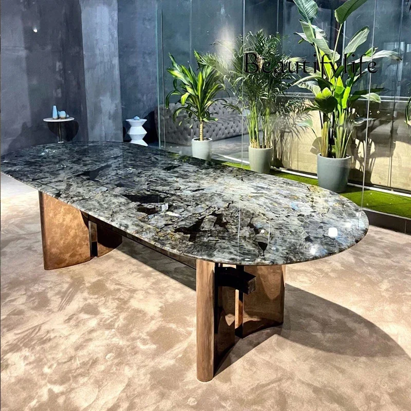 NEW V Marble Round Dining Table Blue Jadeite Natural Rectangle High-end Light Luxury Restaurant Designer