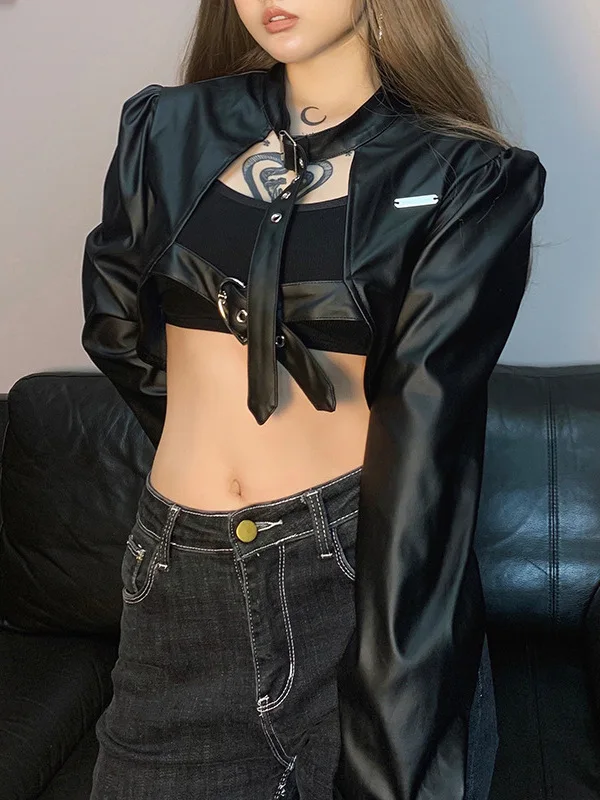 

Женская укороченная мотоциклетная куртка в стиле Dark Street Style из искусственной кожи с пряжками, универсальная, дышащая, утолщенная, летняя