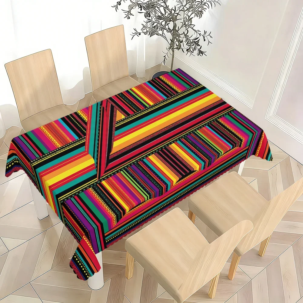 1 piece of Mexican-style rainbow-striped tablecloth, rectangular or square shape, made of polyester materialxzj