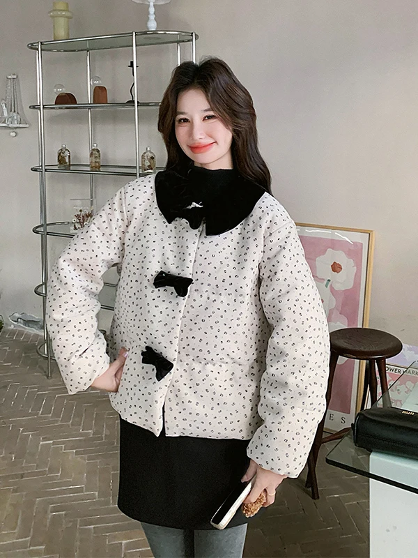 Veste d'extérieur décontractée pour femme, en duvet, à nœuds uniques, couleur blo floral, coupe ample, blanche, duvet