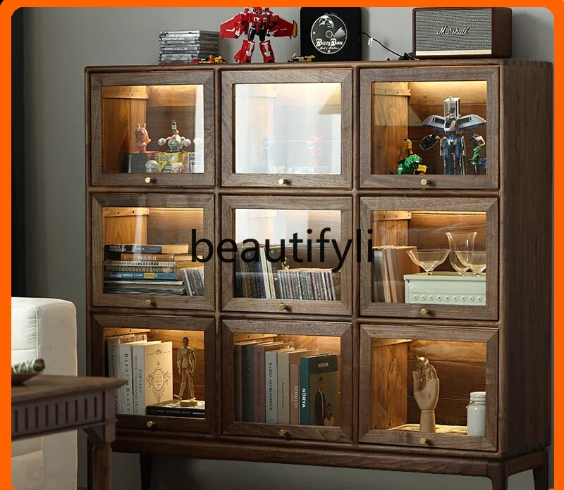 

zqqqqAll solid wood glass flap cabinet combined storage black walnut figure display cabinet rattan dining side cabinet